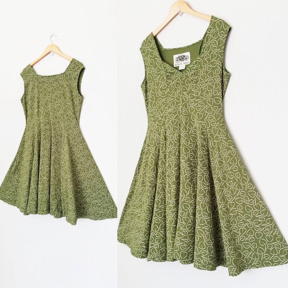 Effie's Heart Green Midi Dress with White Leaf Pattern